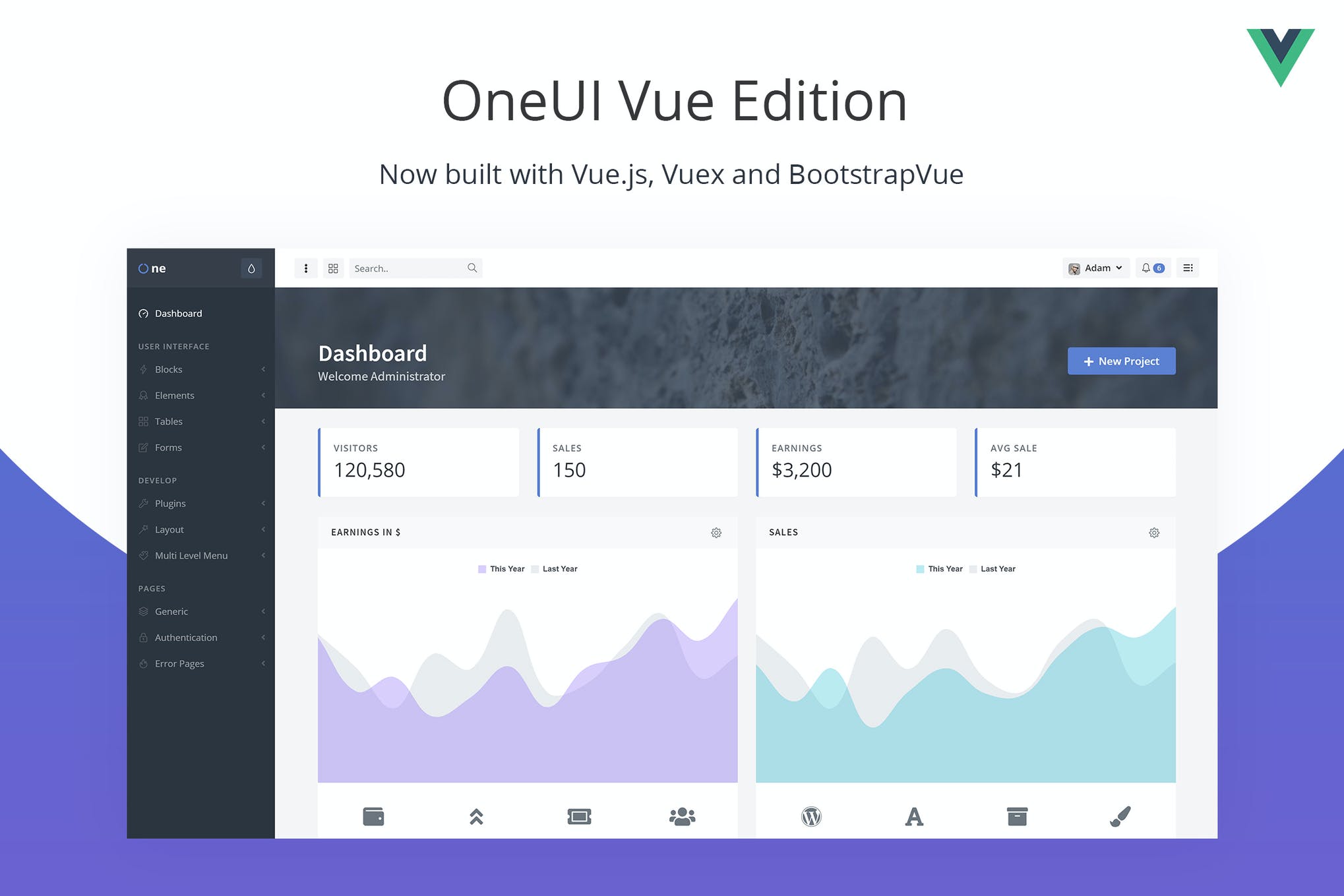 OneUI Vue版-Vuejs管理仪表板模板