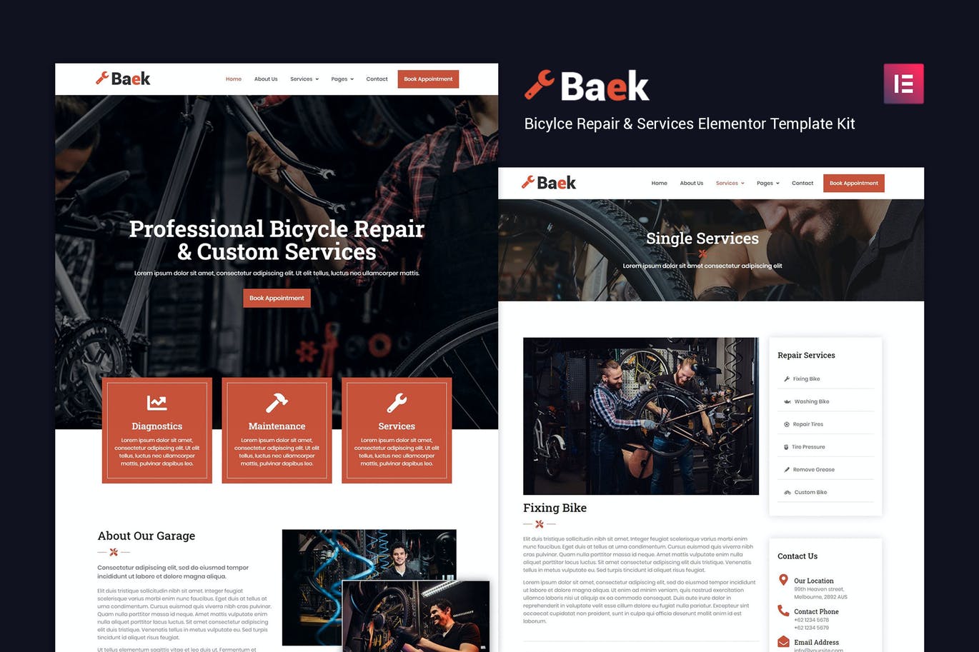 Baek – 自行车维修和服务Elementor模板工具包