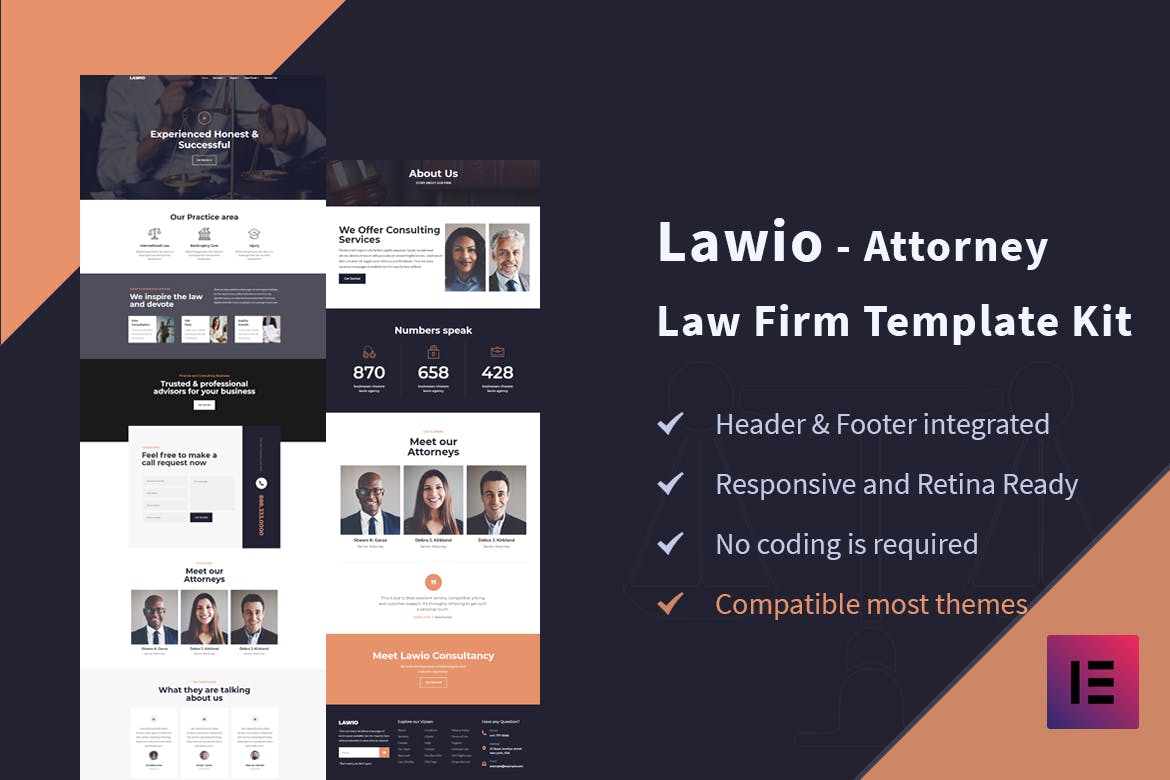 Lawio – 律师事务所律师Elementor模板工具包