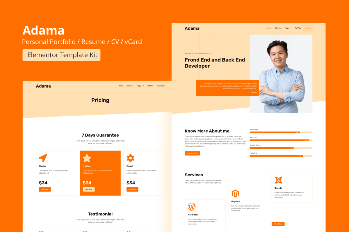Adama – 个人档案袋和简历 Elementor Template Kit