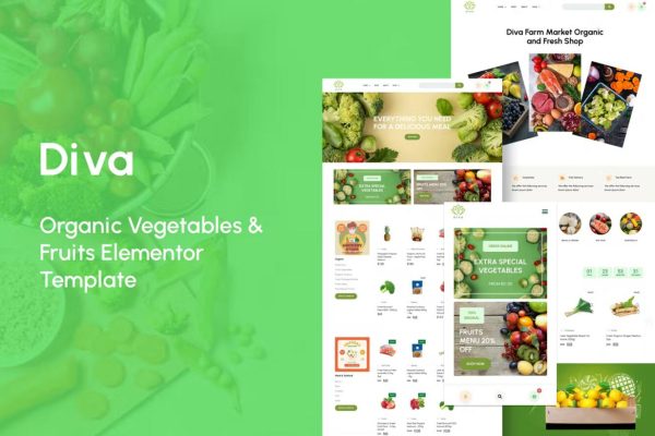 Diva – 有机蔬菜和水果商城网站模板 Elementor Template Kit