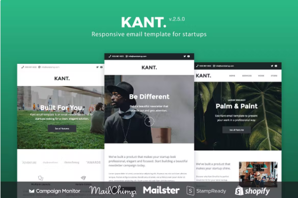 Kant – 初创企业的响应式电子邮件 50+ 部分
