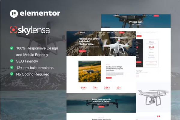 Skylensa – 航空摄影和摄像 Elementor 模板套件