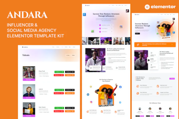 Andara – 影响者和社交媒体代理模板 Elementor-极客小站