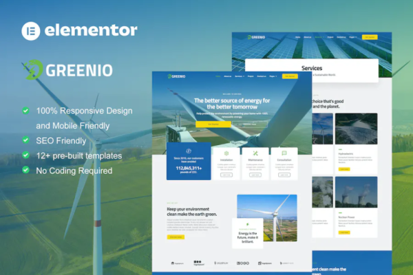 Greenio – 绿色能源科技公司 Elementor 模板套件-极客小站