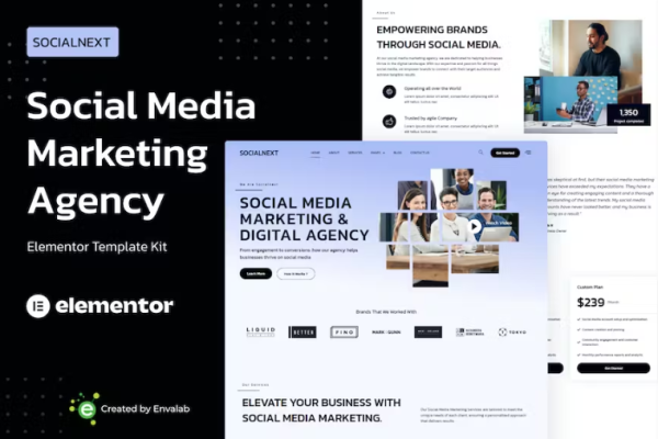 Socialnext – 社交媒体营销机构 Elementor 模板套件-极客小站