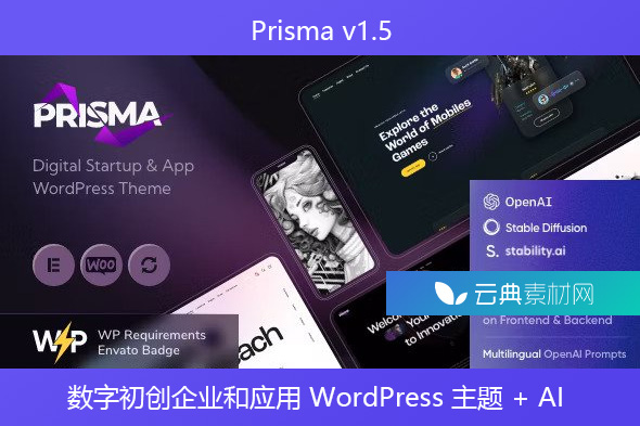 Prisma v1.5 – 数字初创企业和应用 WordPress 主题 + AI