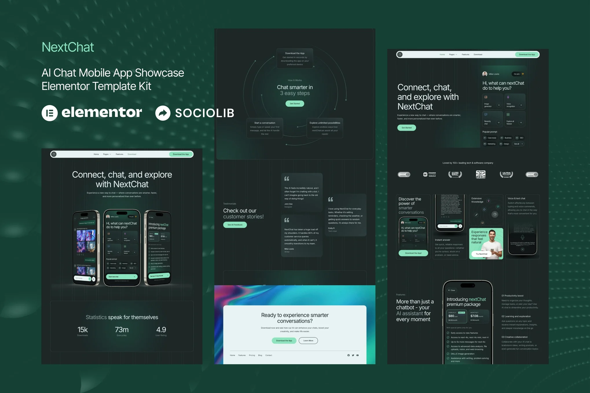 NextChat – AI 聊天移动应用展示 Elementor 模板套件