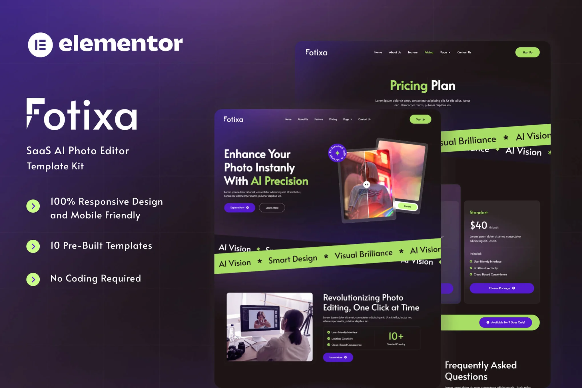Fotixa – SaaS AI 照片应用程序网站 Elementor 模板套件