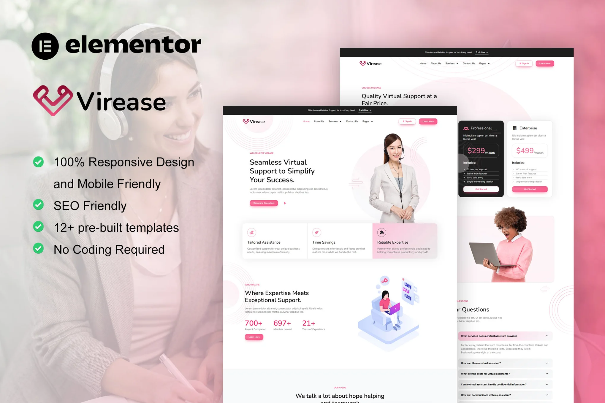 Virease-虚拟助理服务 Elementor Pro 模板套件