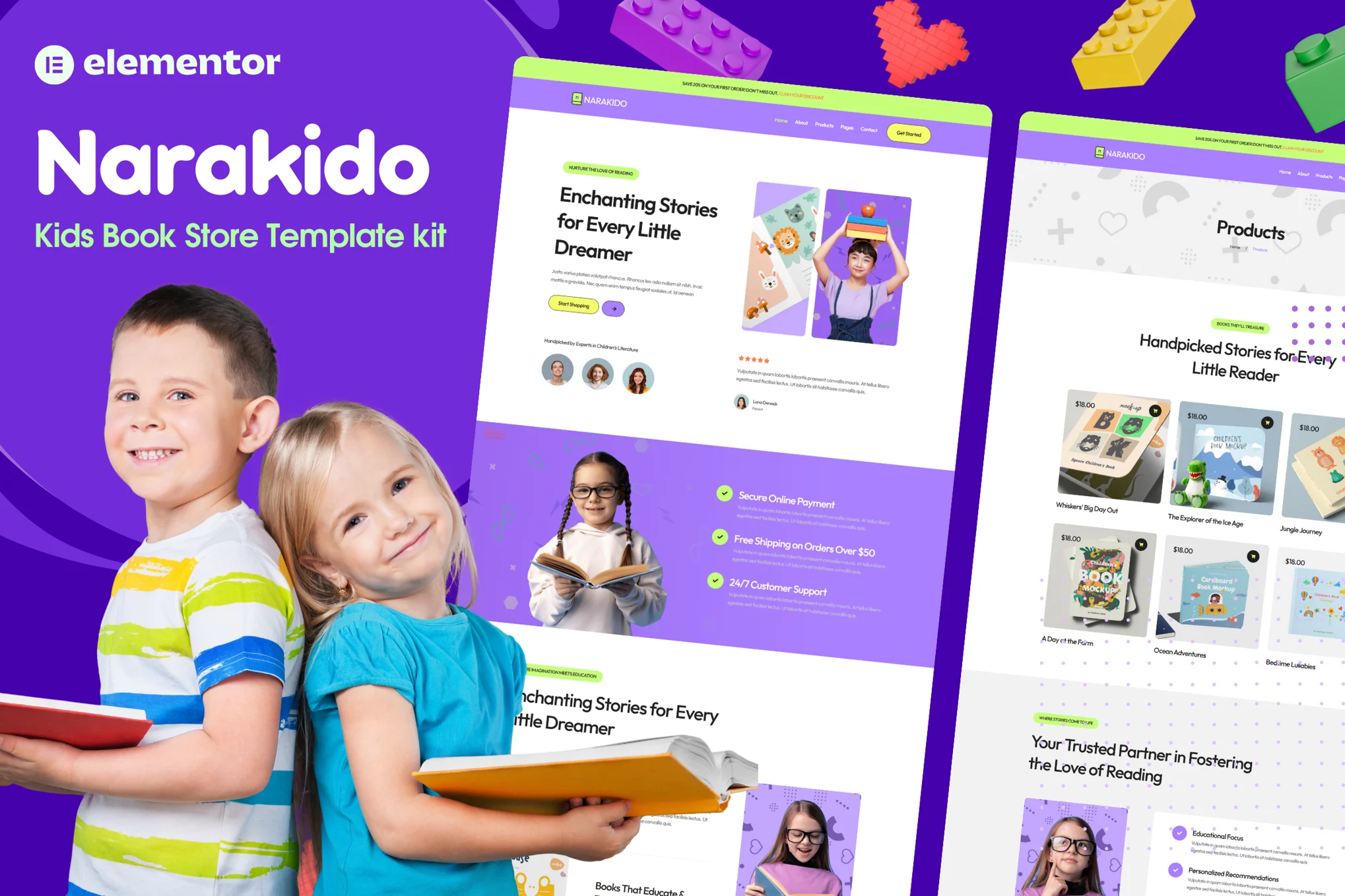 Narakido – 儿童书店 Elementor 模板套件