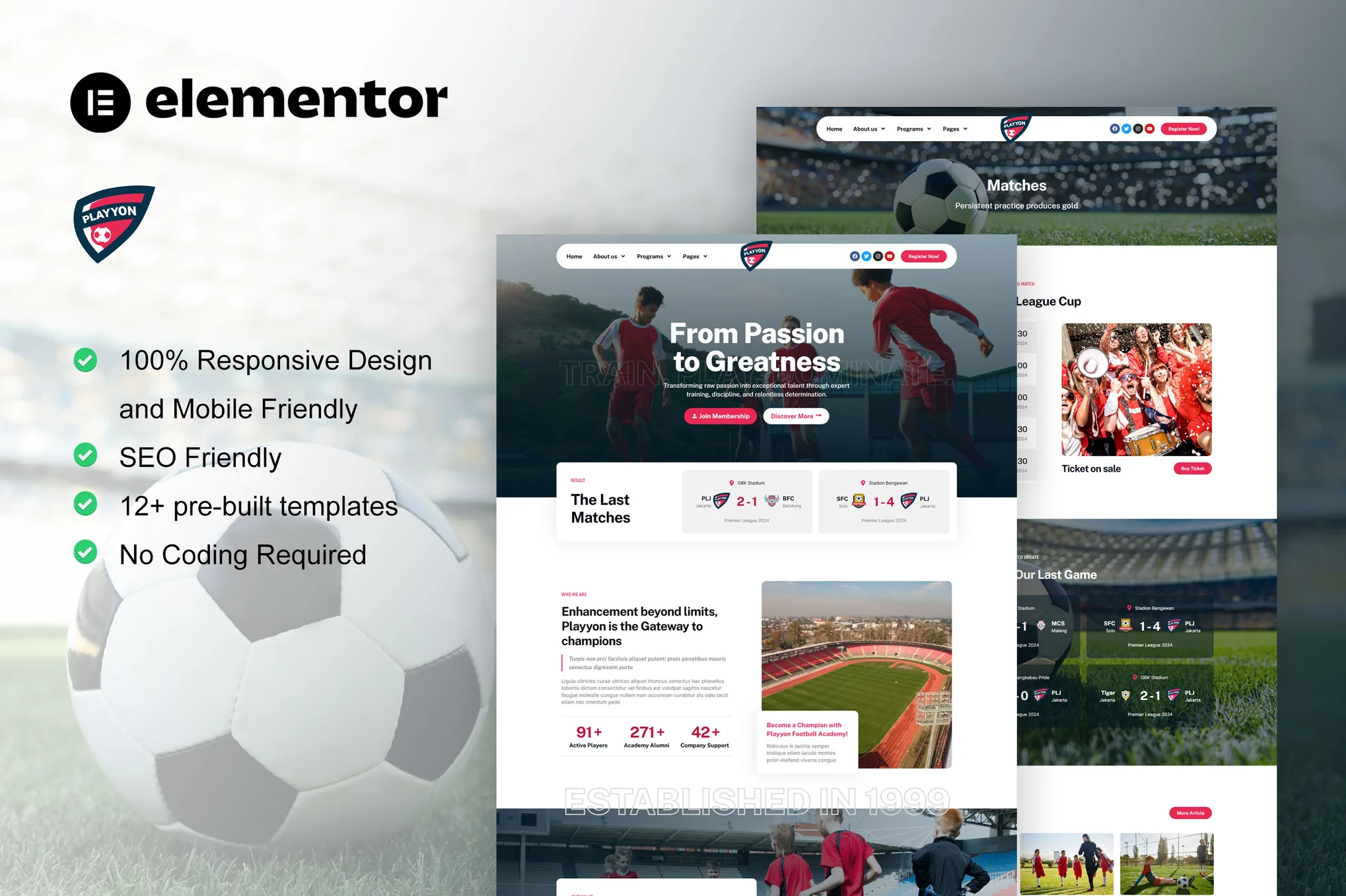 Playyon – 足球队和体育学院 Elementor Pro 模板套件
