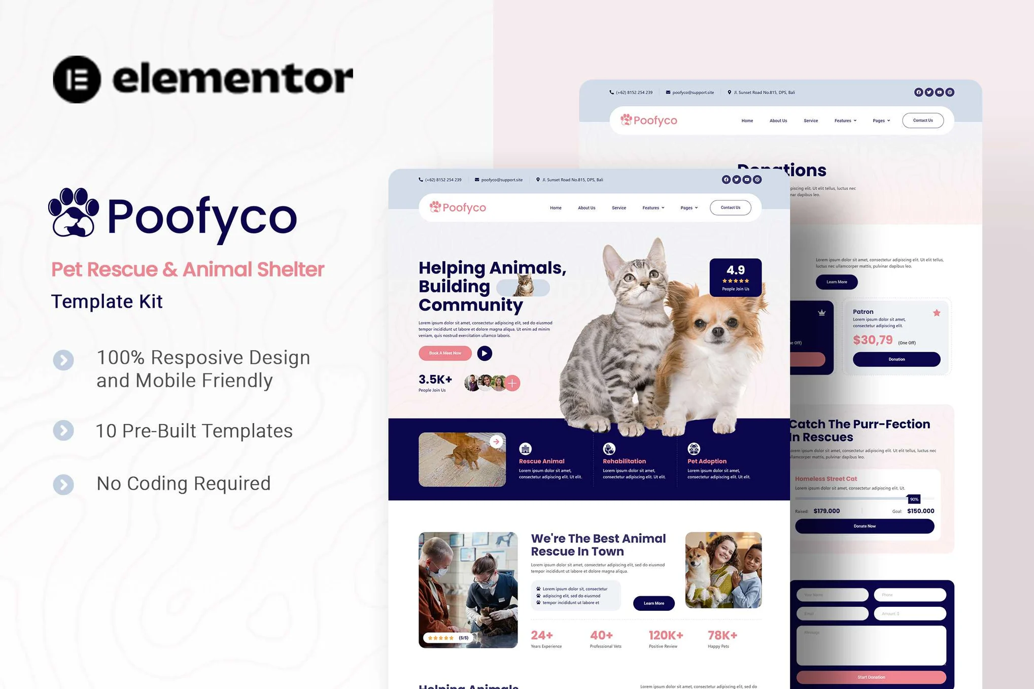 Poofyco – 宠物救援和动物收容所 Elementor 模板套件
