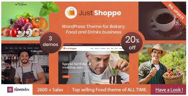 Justshoppe v12.6 – Elementor 蛋糕面包店 WordPress 主题