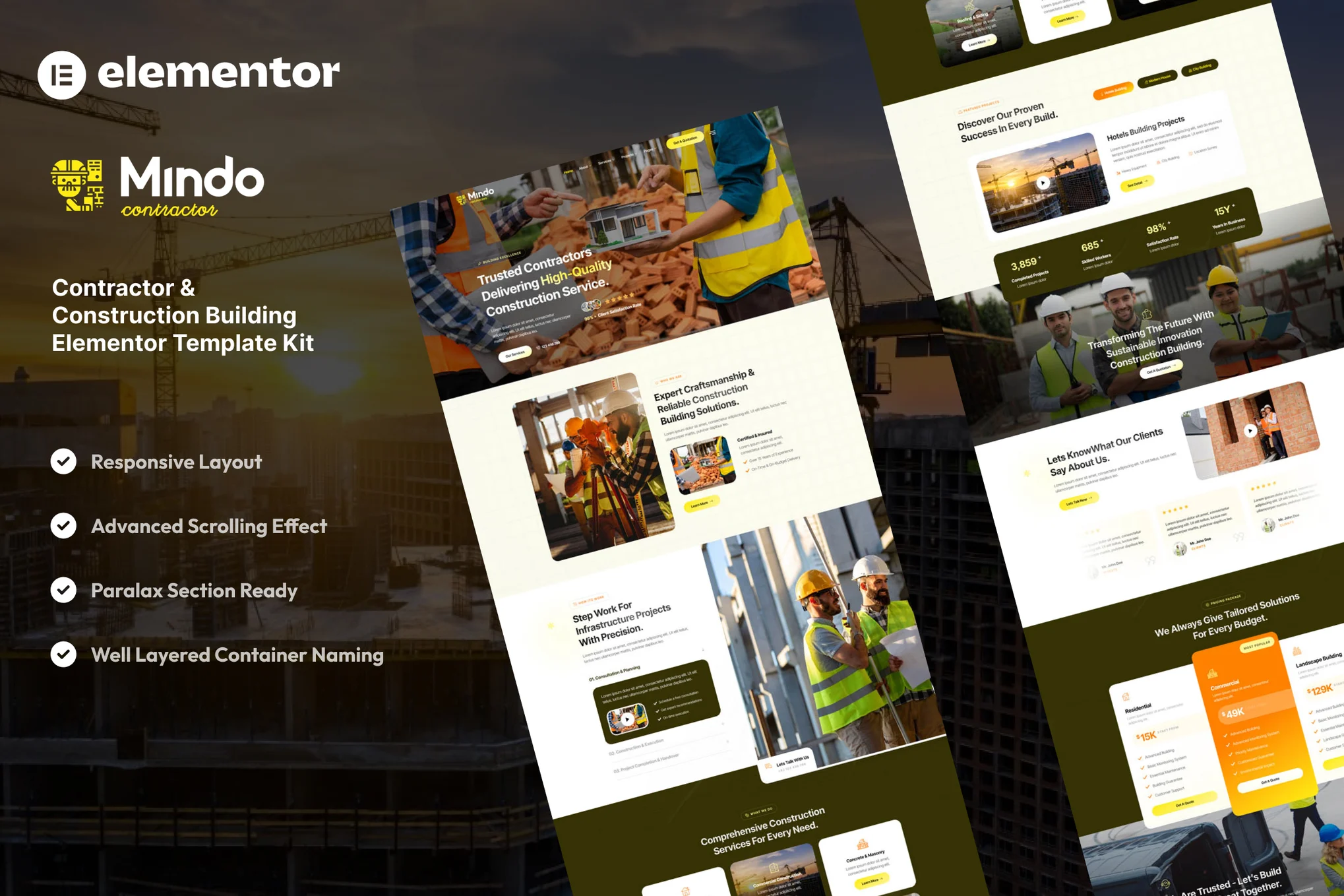 Mindo – 承包商和建筑建筑 Elementor 模板套件