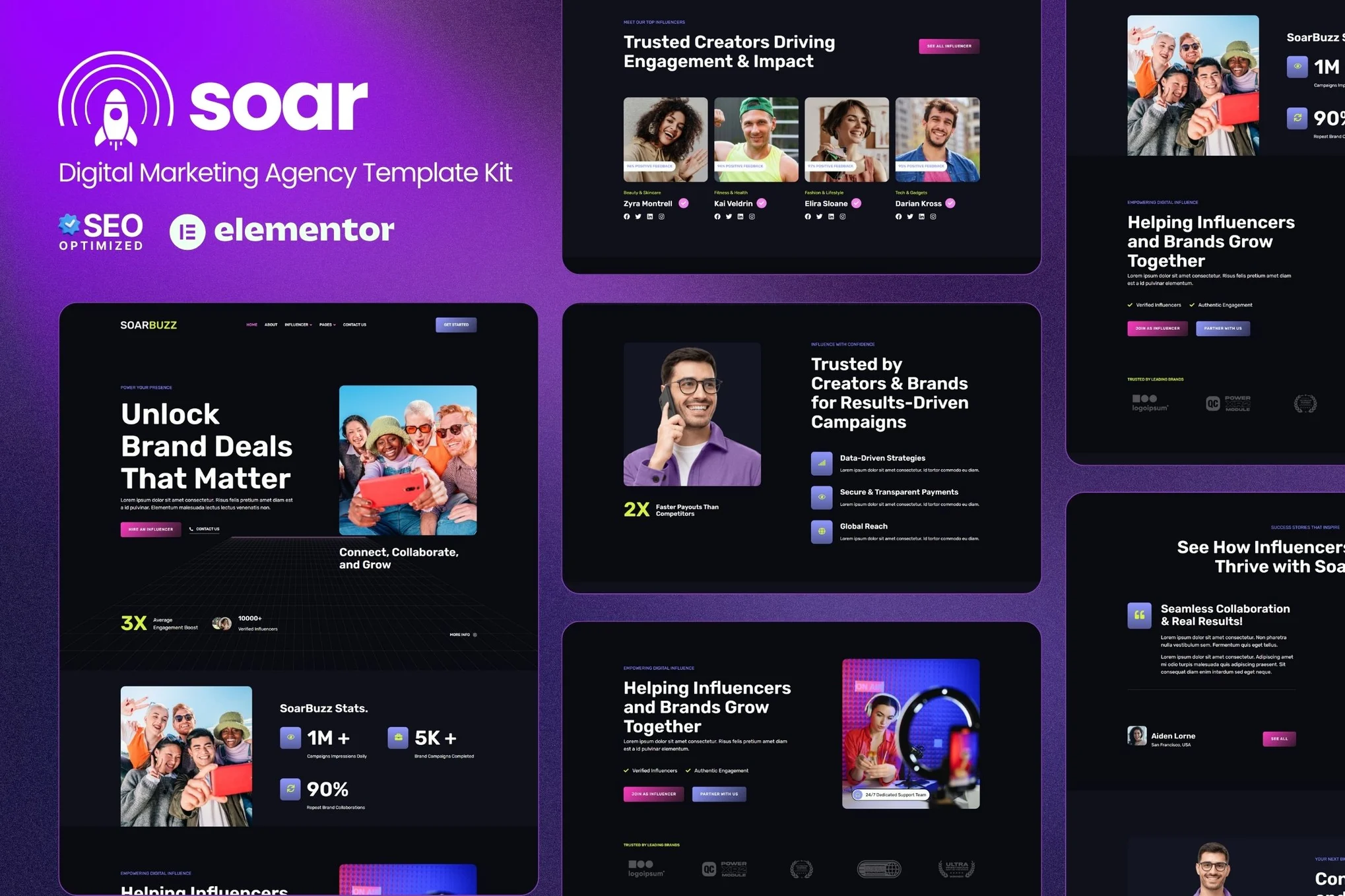 SoarBuzz – 影响者机构 Elementor 模板套件