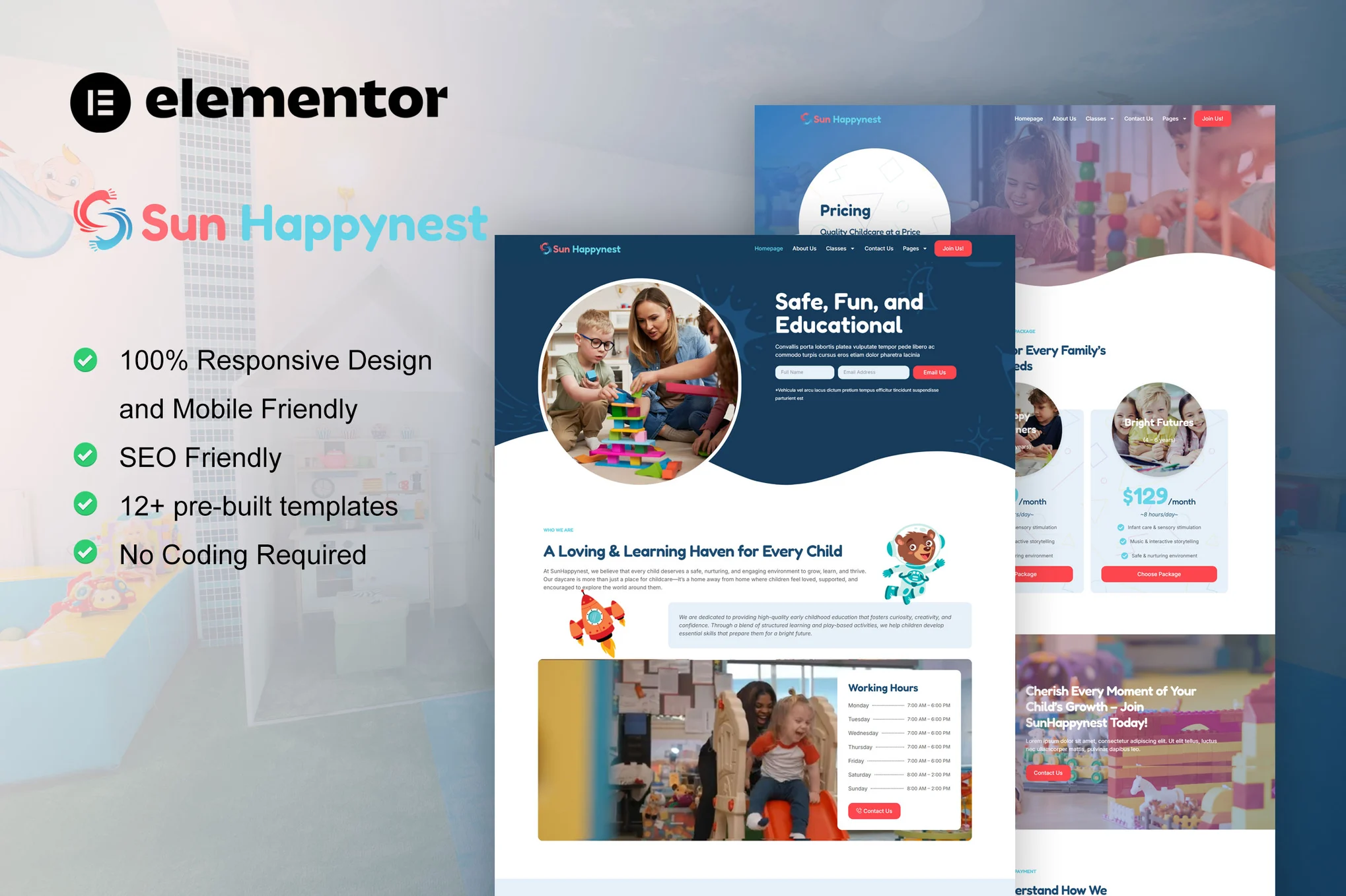 SunHappynest – 幼儿园和儿童保育 Elementor Pro 模板套件