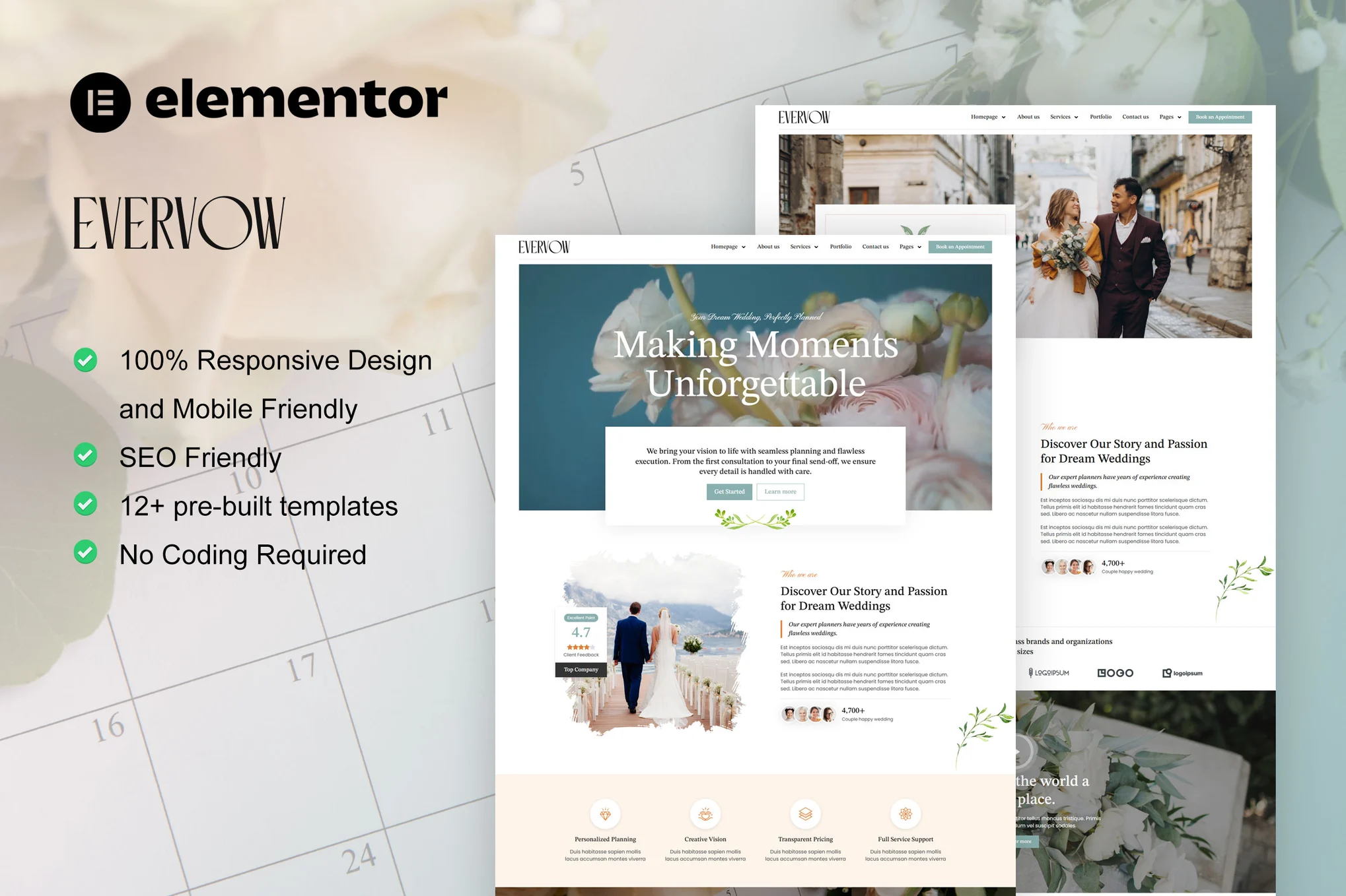 EverVow – 婚礼和活动策划 Elementor Pro 模板套件