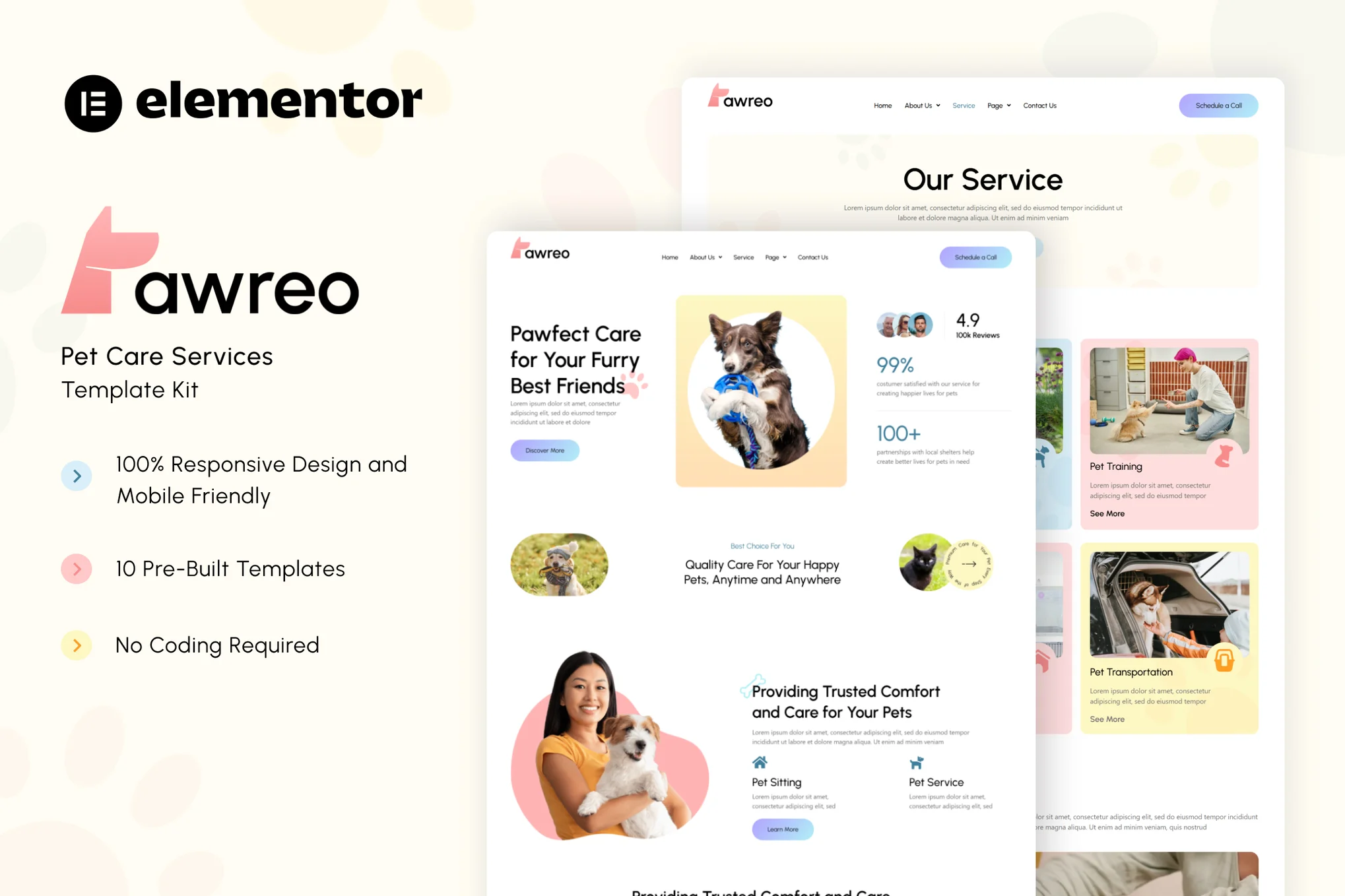 Pawreo – 宠物护理服务 Elementor 模板套件