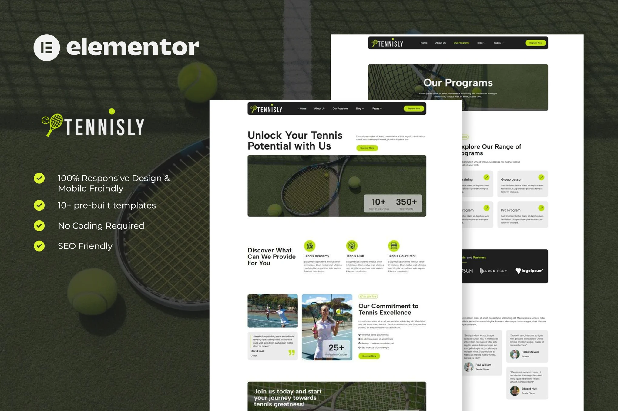 Tennisly – 网球学校和体育俱乐部 Elementor 模板套件
