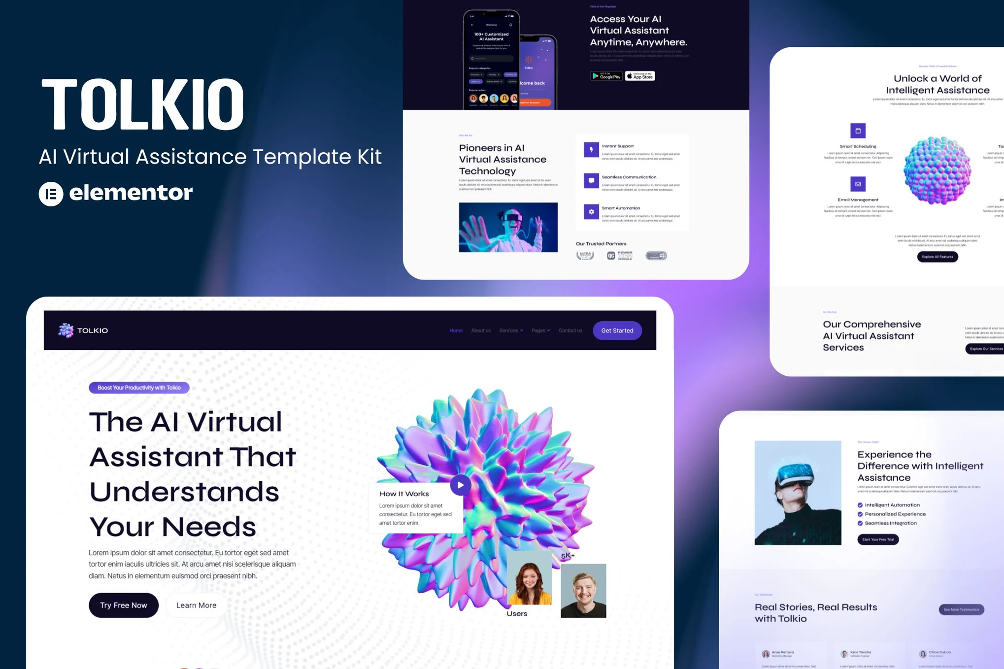 Tolkio – AI 虚拟助手应用程序 Elementor 模板套件