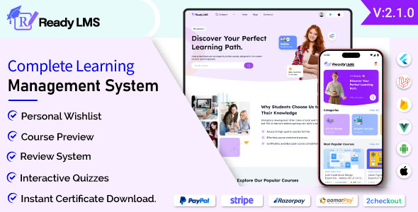 Ready LMS v2.1.0 – 完整的学习管理系统网站，带有管理面板的移动应用程序