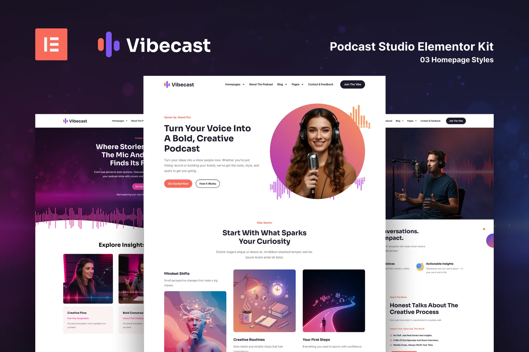 Vibecast – Podcast Studio Elementor Pro 模板套件