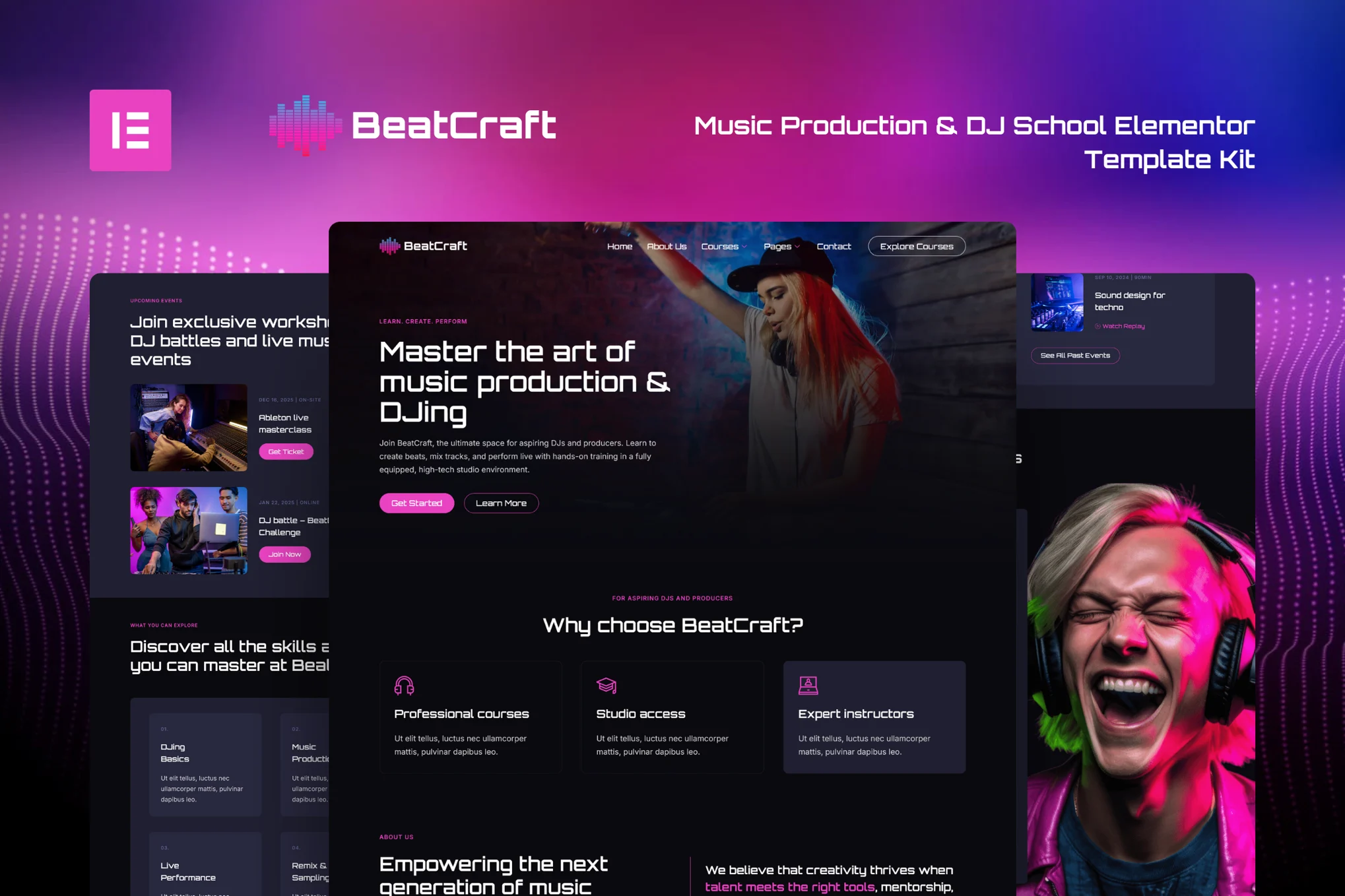 Beatcraft – 音乐制作和 DJ 学校 Elementor 模板套件