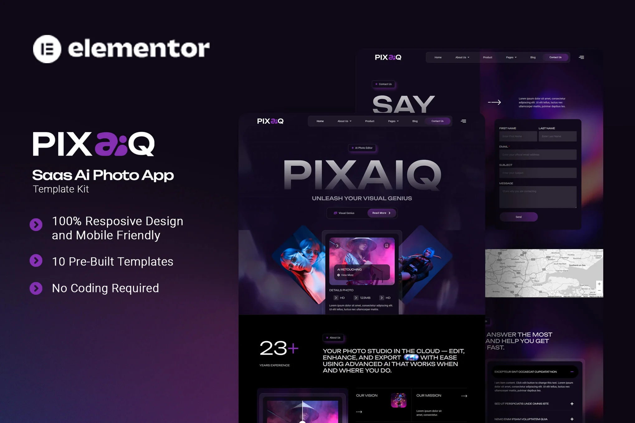Pixaiq – Saas AI 照片应用程序 Elementor 模板套件