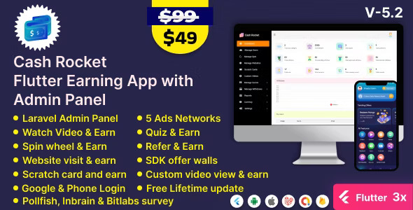Cash Rocket v6.1 – 带有管理面板的 Flutter 在线赚钱应用程序