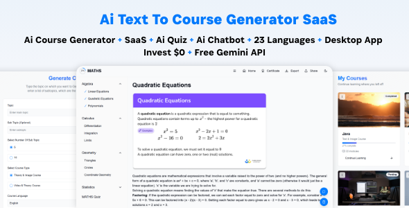Ai Course Generator v5.0 – 文本转课程 SaaS Ai 视频和图像内容付费赚取 Gemini React 管理员