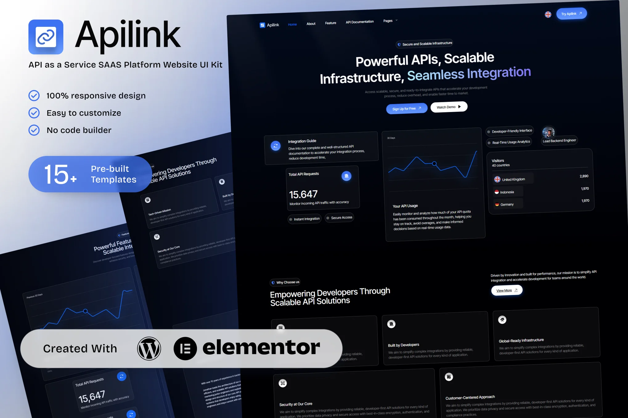 Apilink – API 即服务 SAAS 平台 Elementor 模板套件，适用于开发人员解决方案