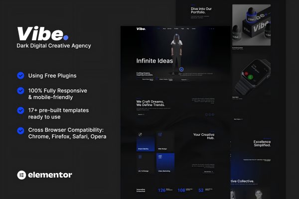 Vibe – 黑暗数字创意机构和作品集 Elementor 模板套件