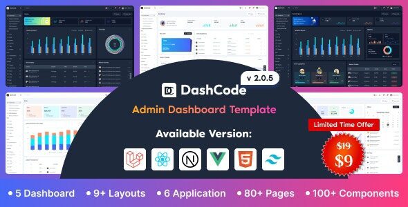 DashCode 2.0.9 – React， Vuejs， NextJs， Laravel， HTML， Tailwind Dashboard Template 主题