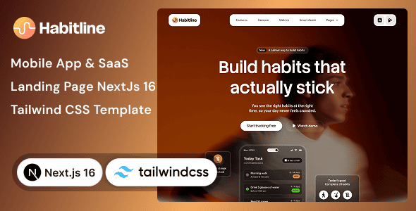 Habitline 1.0 – 移动 App, SaaS 登陆页面 Nextjs 16 & Tailwind CSS 模板